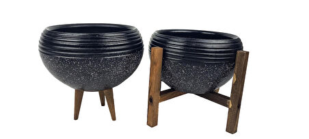 Ev Dekorasyon  Siyah Granit Küp Aranjman Saksı Saksılık Salon Çiçeklik İkili Set (3 Ayak-4 Ayak)